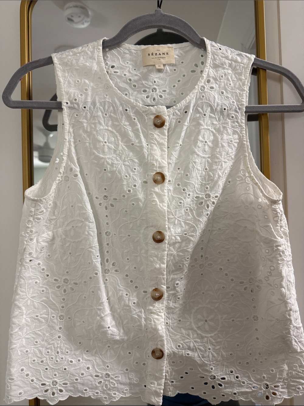 Sezane White Eyelet Button-Front Sleeveless Top